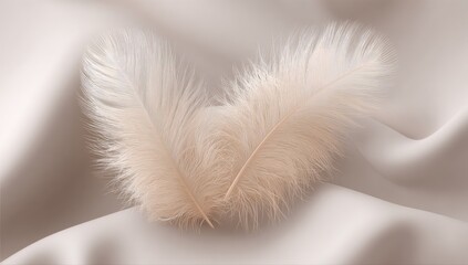 Obraz premium Two pale beige feathers on smooth, flowing beige fabric