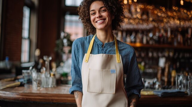 Cheerful bartender with curly hair and apron standing in a warmly lit bar, ready to serve drinks with a smile. - Powered by Adobe