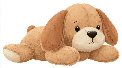 Digital illustration of a beige and brown plush puppy toy lying down. The puppy is depicted in a cartoonish style, with large, expressive eyes and soft features.  