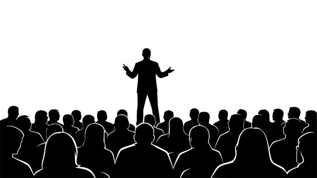Silhouette of a speaker gesturing to an audience, isolated on white background