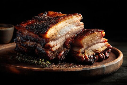 Succulent pork belly stack on wooden board, dark background, thyme garnish - Powered by Adobe