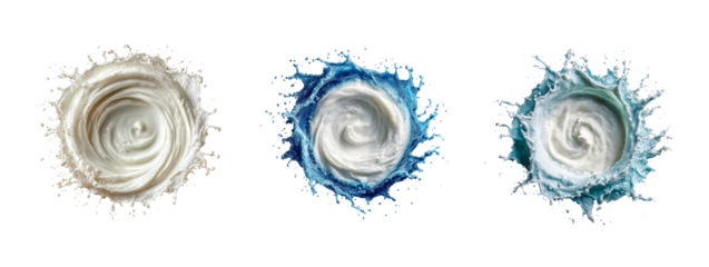 Three Isolated Swirls of Colorful Liquid on Transparent Background