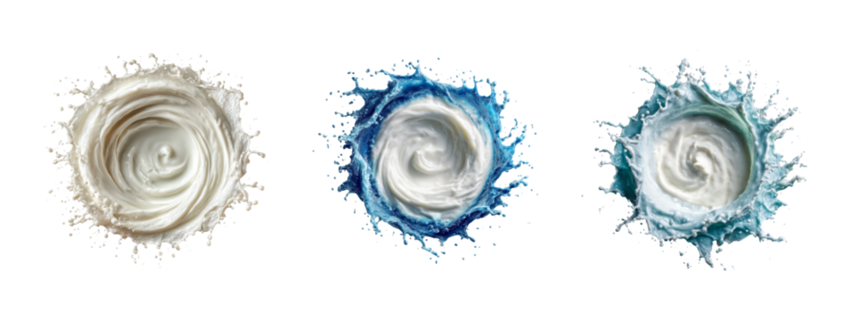 Three Isolated Swirls of Colorful Liquid on Transparent Background