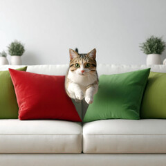 Cat sitting confidently on white sofa with red and green pillows