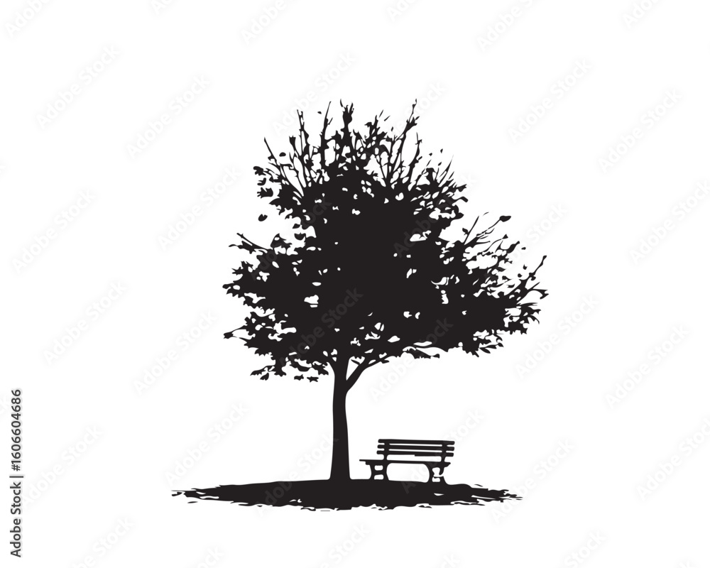 Aufkleber silhouette of a tree with leaves and a bench underneath on a white background in vector format