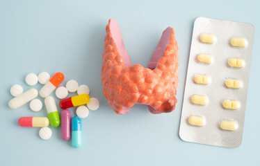 Thyroid model with pill drug treatment, Hyperthyroidism, Overactive or Lymphoma.