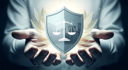 Hands holding a shield with scales of justice representing legal protection and fairness concept