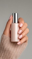Young Woman hands hold Neutral color nail polish bottles,Creative flat lay of fashion bright nail polishes,Minimal style,Nude tones color,Beauty blogger concept,beauty,fashion,Copy space.