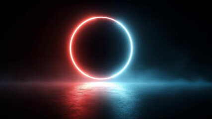 Glowing neon circle that dynamically shifts its color from a vibrant blue to an intense red, pulsating with a soft light that reflects on a wet, dark floor.  - Powered by Adobe