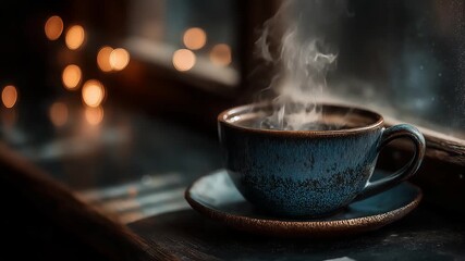 Close-up of a steaming mug of hot coffee on a wooden saucer filled with coffee beans, conveys a sense of warmth, tranquility, and the comforting ritual of enjoying a hot beverage. - Powered by Adobe