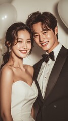 Happy Wedding couple in wedding party,Young joyful bride and groom emotionally dancing,honeymoon and romantic time,valentine,sweet moment,copy space.