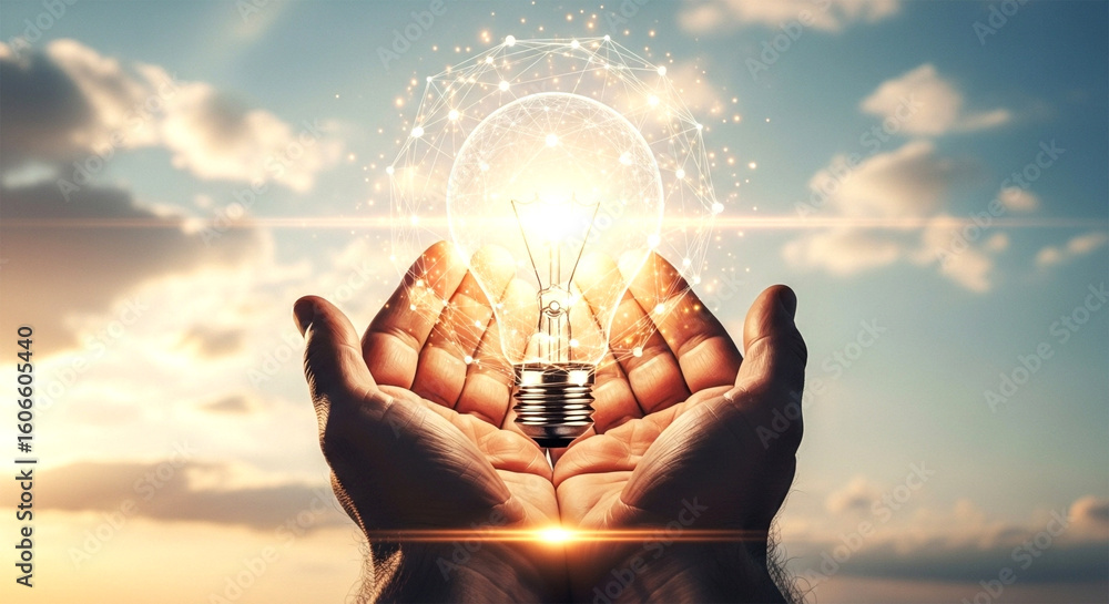 Poster hands holding a glowing light bulb against a sky with clouds and a network of connected dots