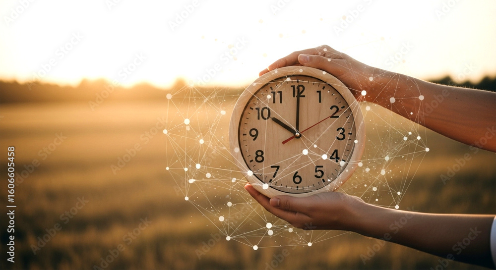 Aufkleber hands hold a clock with digital network overlay against a blurred golden field at sunset time concep