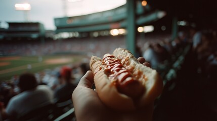 Obraz premium Hand holding a hot dog with ketchup at a bustling baseball game, capturing the essence of American sports culture.