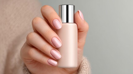 Young Woman hands hold Neutral color nail polish bottles,Creative flat lay of fashion bright nail polishes,Minimal style,Nude tones color,Beauty blogger concept,beauty,fashion,Copy space.