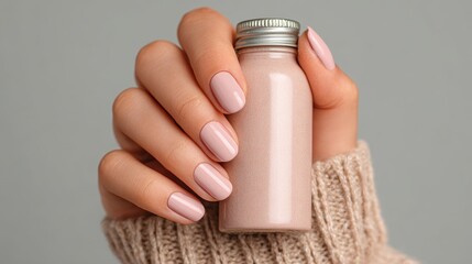 Young Woman hands hold Neutral color nail polish bottles,Creative flat lay of fashion bright nail polishes,Minimal style,Nude tones color,Beauty blogger concept,beauty,fashion,Copy space.