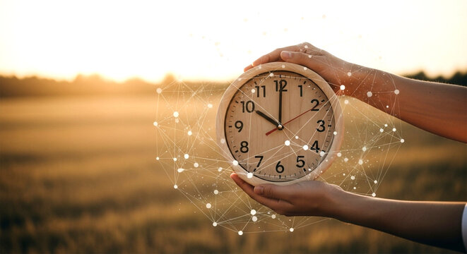 Hands hold a clock with digital network overlay against a blurred golden field at sunset time concept - Powered by Adobe