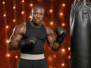 African American male boxer in black tank top and gloves, posing confidently in front of a punching bag, with warm bokeh lights creating an energetic atmosphere for sports imagery