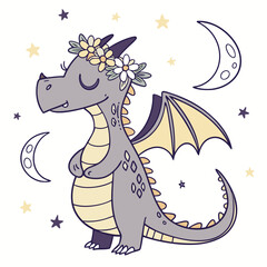 SVG art: A Dreamy Dragon in a Starry night vibe with with a flower crown, tinted with Magical Night tones
