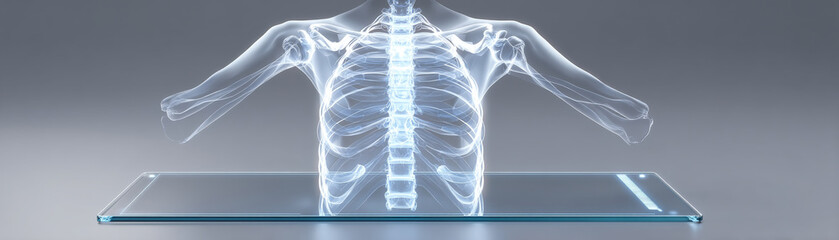 Futuristic medical imaging of human ribcage on transparent digital screen