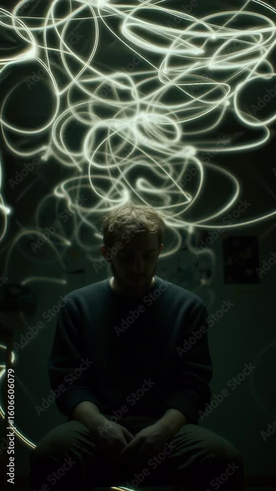 Poster exploring the depths of thought in a dimly lit room with swirling light patterns above a contemplati