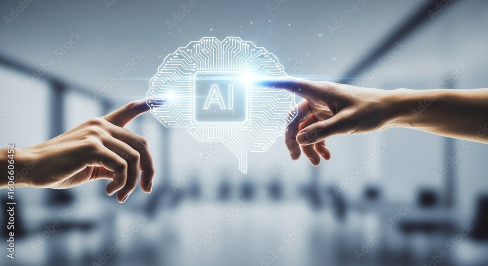 Poster two hands reaching towards a glowing ai brain in a modern office environment with soft focus