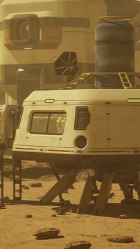 Structures for human habitation are visible on the Martian surface. Dust clouds linger, highlighting a permanent outpost designed for exploration and research on Mars.