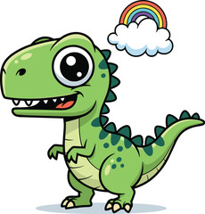 Naklejka premium Cartoon dinosaur stands near rainbow. Cute reptile with happy expression, prehistoric animal, wildlife, nature illustration, colorful, cloud, character.