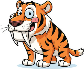 Saber-toothed tiger licks its chops playfully. Cartoon feline predator, prehistoric mammal, wildlife, illustration, extinct, playful, animation, feline