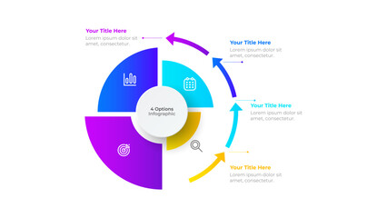 Creative cycle infographic label design with arrows and marketing icons. Business process with 4 options and steps. Vector illustration.