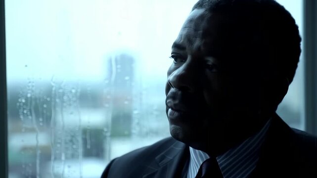 Pensive senior businessman in a suit looking out the office window on a rainy day