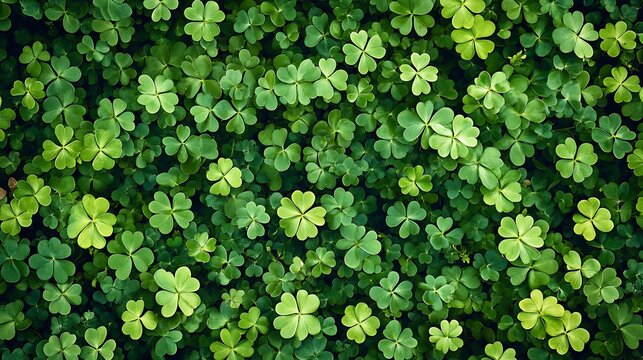 Lush green clover field background texture of three and four leaf clovers overhead
