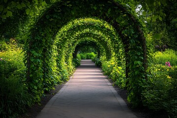 Lush greenery tunnel over brick pathway through a botanical garden with summer flowers