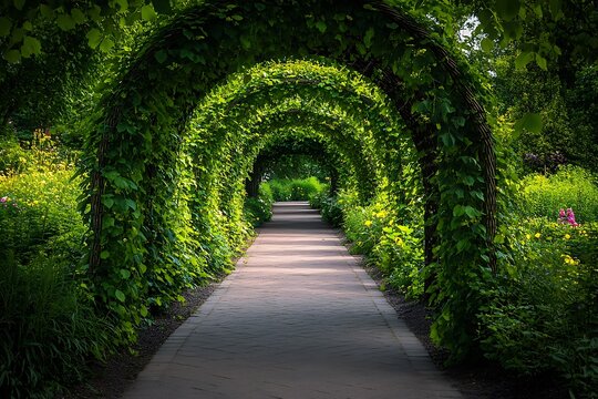 Lush greenery tunnel over brick pathway through a botanical garden with summer flowers