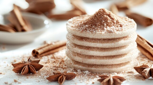 Stacked, cinnamoned pancakes with star anise & cinnamon stick garnish