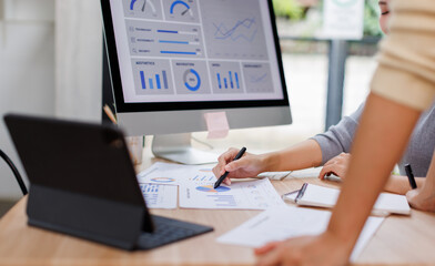 Two business women meeting with analytics in office as web developer in internship, workshop and...