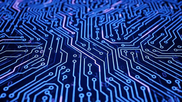 Futuristic digital circuit board animation with flowing data signals and binary code A concept for AI processing and technology networks