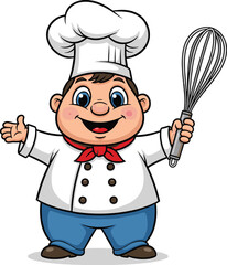 Chef smiles while holding whisk, ready to cook. Cooking, chef, happy, food, restaurant, culinary, kitchen, professional, cartoon, bake, cartooning.