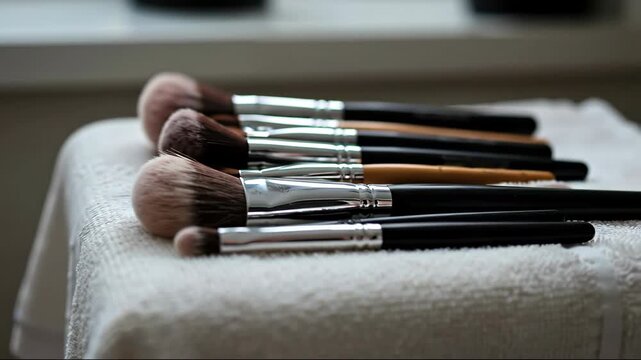 Set of professional makeup brushes lying on white towel. Beauty and cosmetics. Makeup artist tools, skincare and fashion concept for banner