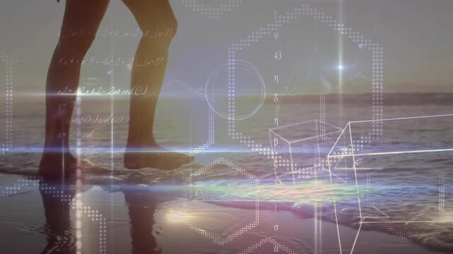 woman stepping into waves at sunset activating wireframe cubes and Greek symbols for technology