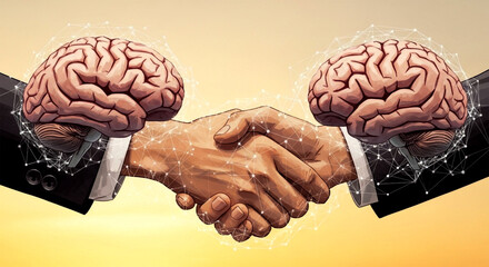 Two brains above a handshake with connected dots on a yellow background in an illustration style