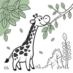 Happy Giraffe Eating Leaves ,Cute Cartoon Vector for Kids and Education