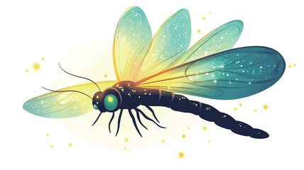 A digital illustration of a stylized dragonfly. The dragonfly is depicted in profile view, with its wings spread.  The wings are predominantly teal and blue with yellow-green highlights 