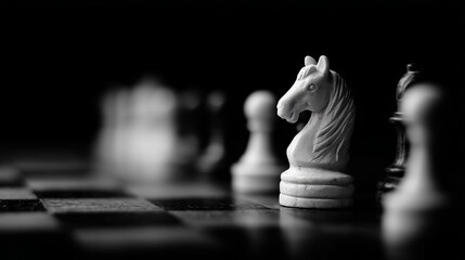 Closeup of a chess knight piece in monochrome, highlighting strategy and focus on a classic chessboard.