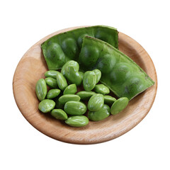 High angle shot of fresh petai or stink beans in wooden plate isolated on transparent background