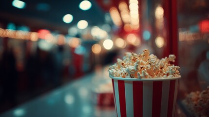 Red and white striped popcorn bucket on a theater concession counter, with colorful bokeh lights in the background.