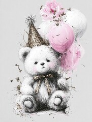 Adorable Fluffy White Teddy Bear with Glittery Gold Party Hat Pink Balloons and Sparkles for Happy Birthday Celebrations Festive Occasions and Children's Events