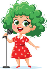 Girl sings into microphone, dressed in red polka dots. Singing, performer, stage, happy, cute, entertainment, music, hobby.