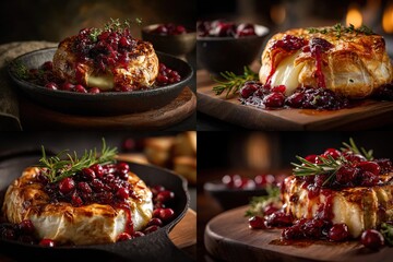 Four close-up shots of baked brie with cranberry sauce, thyme, and rosemary