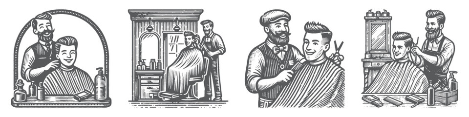 Vintage Hand-Drawn Happiness on Barbershop Collection Illustration, Joyful Grooming Scene Engraved Style Vector for T-Shirts and Positive Salon Themes Design